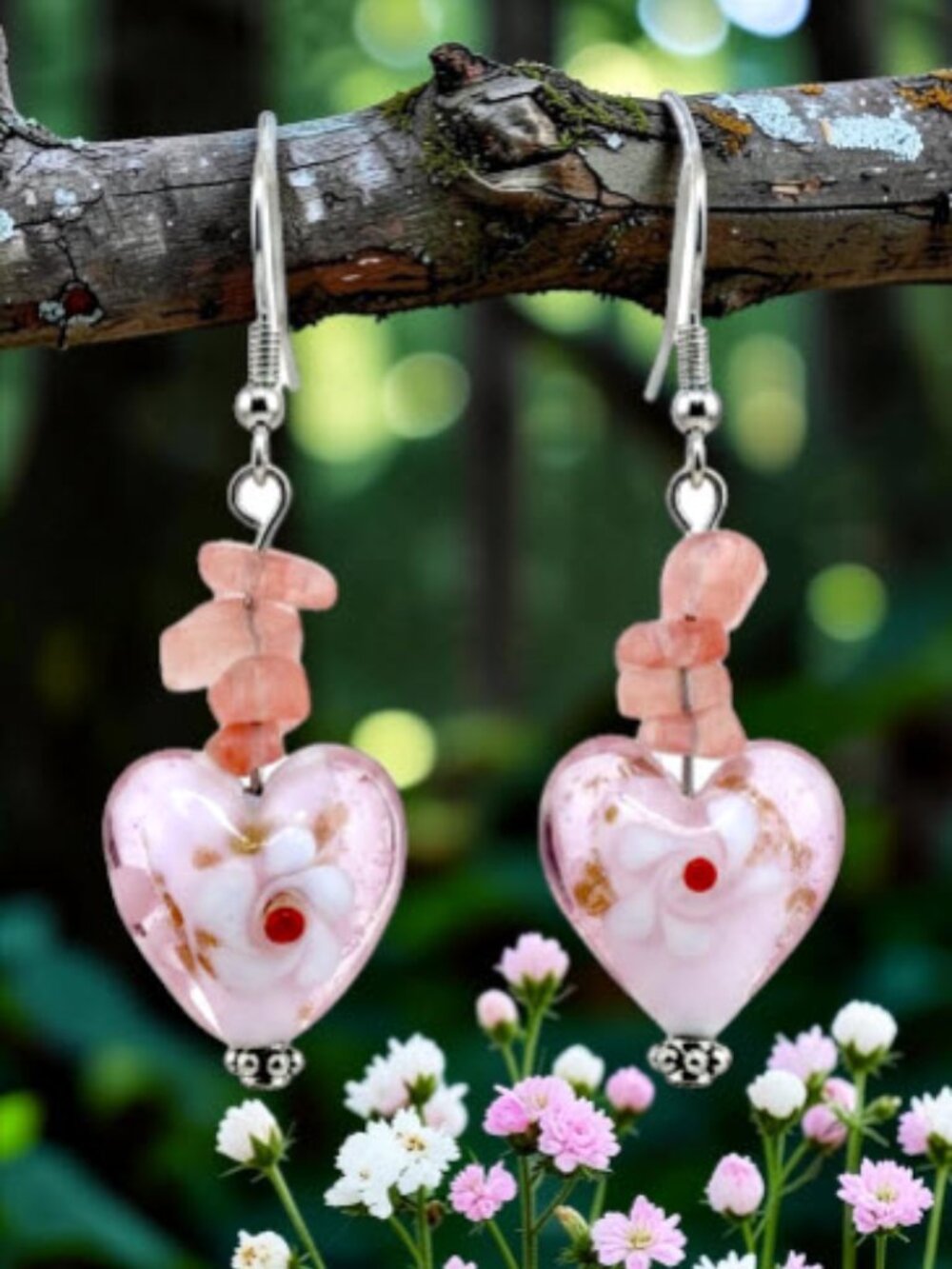 Pink Floral Lampwork Heart Earrings Rose Quartz Dangle Romantic Flowers Handmade